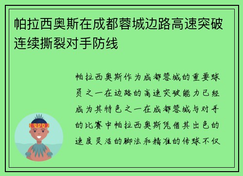 帕拉西奥斯在成都蓉城边路高速突破连续撕裂对手防线