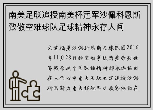 南美足联追授南美杯冠军沙佩科恩斯致敬空难球队足球精神永存人间
